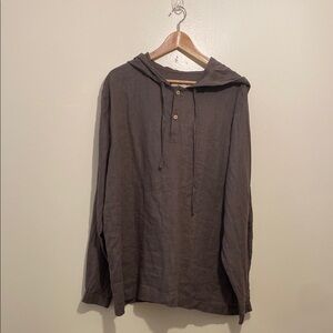 Manufacture de Lin Linen Brown Hooded Pullover Shirt. Size XXL